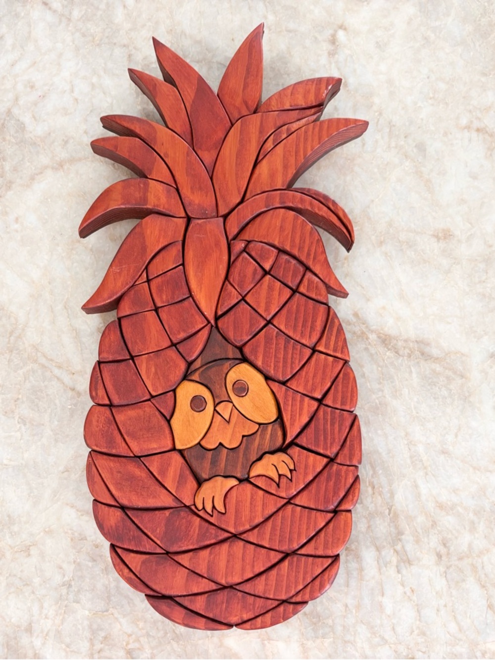 Handcrafted Intarsia Pineapple And Owl Wood Art Wall Plaque Vintage Kitschy - Picture 10 of 10
